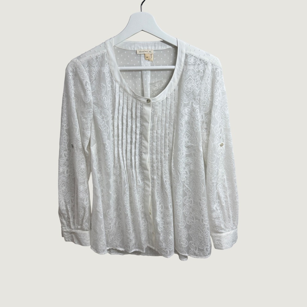 Meadow Rue Anthropologie White Swiss Dot Peasant Pintuck Top Prairie Boho MP